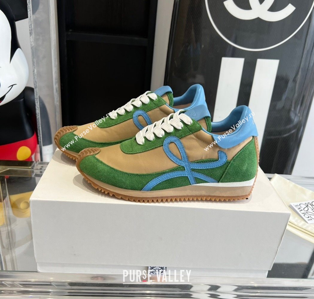 Loewe Flow Runner Sneakers in calfskin, nylon and suede Green/Beige 2025 LW02209 (KL-250221046)
