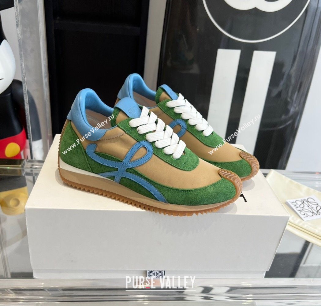 Loewe Flow Runner Sneakers in calfskin, nylon and suede Green/Beige 2025 LW02209 (KL-250221046)