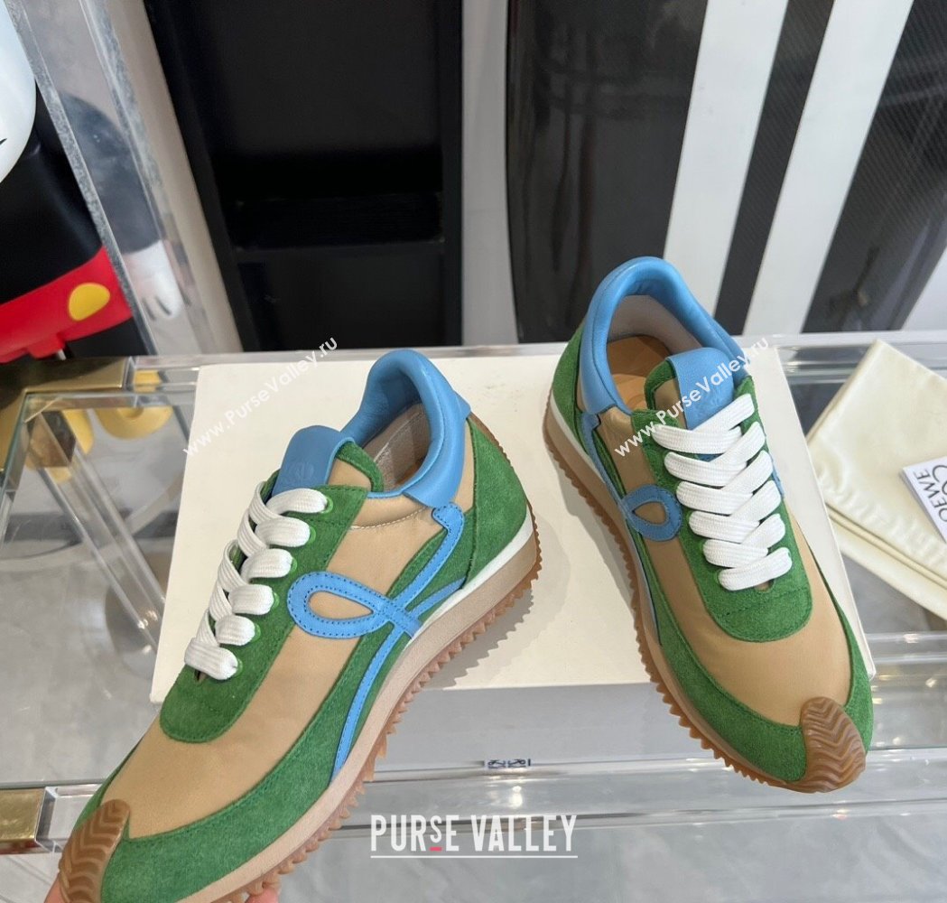 Loewe Flow Runner Sneakers in calfskin, nylon and suede Green/Beige 2025 LW02209 (KL-250221046)