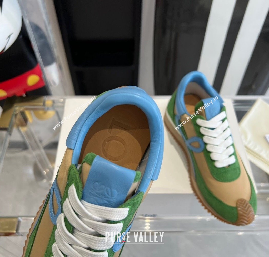 Loewe Flow Runner Sneakers in calfskin, nylon and suede Green/Beige 2025 LW02209 (KL-250221046)