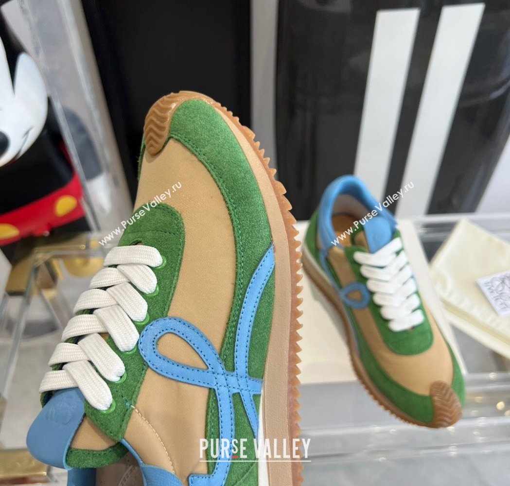 Loewe Flow Runner Sneakers in calfskin, nylon and suede Green/Beige 2025 LW02209 (KL-250221046)
