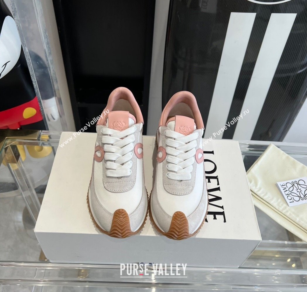Loewe Womens Flow Runner Sneakers in calfskin, nylon and suede White/Pink 2025 LW02209 (KL-250221047)