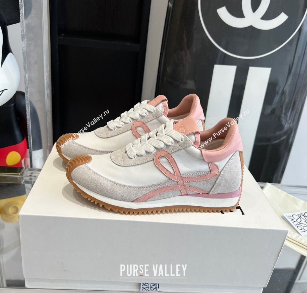 Loewe Womens Flow Runner Sneakers in calfskin, nylon and suede White/Pink 2025 LW02209 (KL-250221047)
