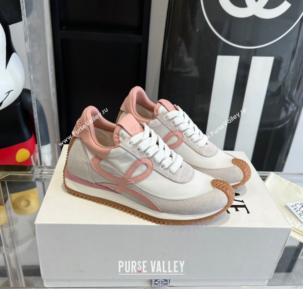 Loewe Womens Flow Runner Sneakers in calfskin, nylon and suede White/Pink 2025 LW02209 (KL-250221047)