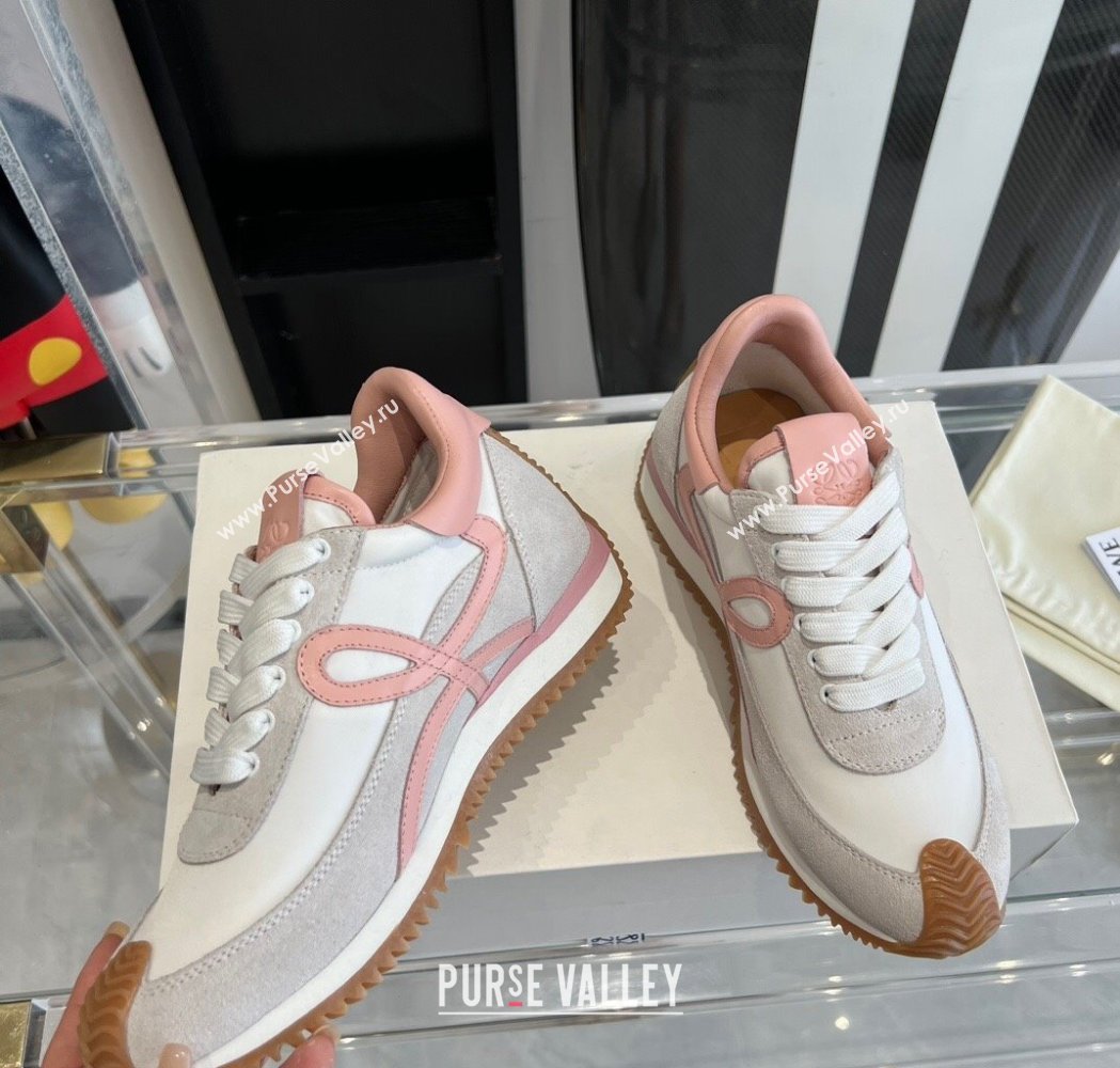 Loewe Womens Flow Runner Sneakers in calfskin, nylon and suede White/Pink 2025 LW02209 (KL-250221047)