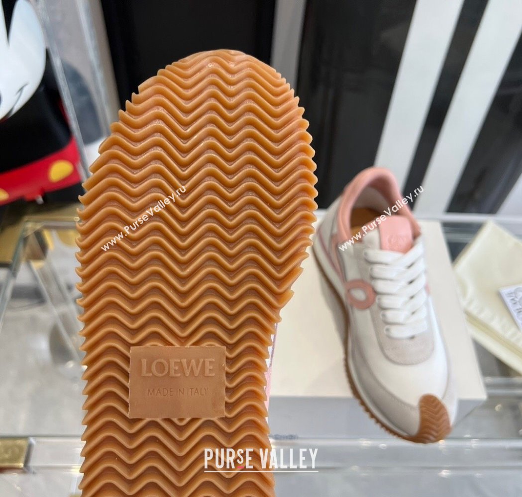 Loewe Womens Flow Runner Sneakers in calfskin, nylon and suede White/Pink 2025 LW02209 (KL-250221047)
