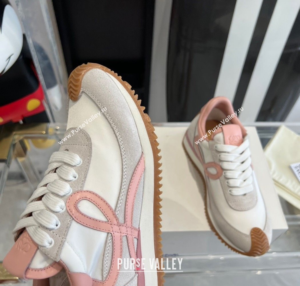 Loewe Womens Flow Runner Sneakers in calfskin, nylon and suede White/Pink 2025 LW02209 (KL-250221047)