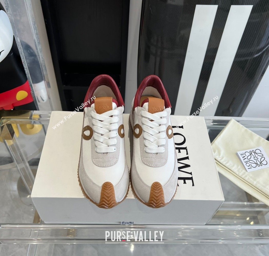 Loewe Flow Runner Sneakers in calfskin, nylon and suede White/Burgundy 2025 LW02213 (KL-250221051)