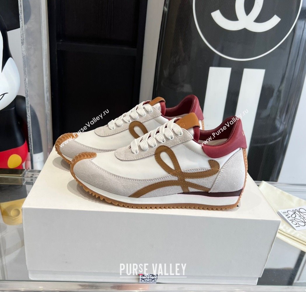 Loewe Flow Runner Sneakers in calfskin, nylon and suede White/Burgundy 2025 LW02213 (KL-250221051)