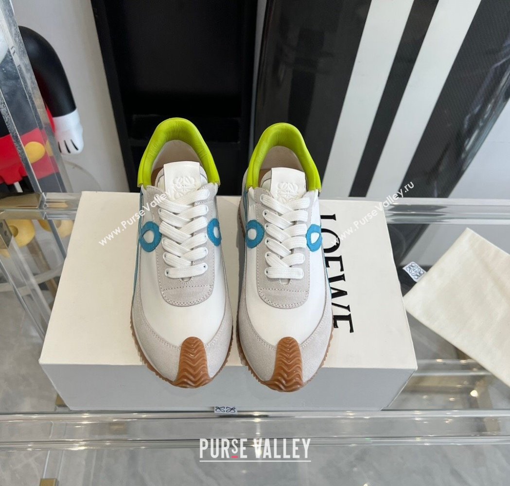Loewe Flow Runner Sneakers in calfskin, nylon and suede White/Green 2025 LW02214 (KL-250221054)