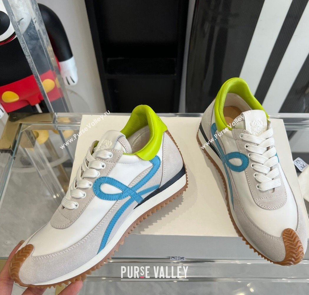 Loewe Flow Runner Sneakers in calfskin, nylon and suede White/Green 2025 LW02214 (KL-250221054)