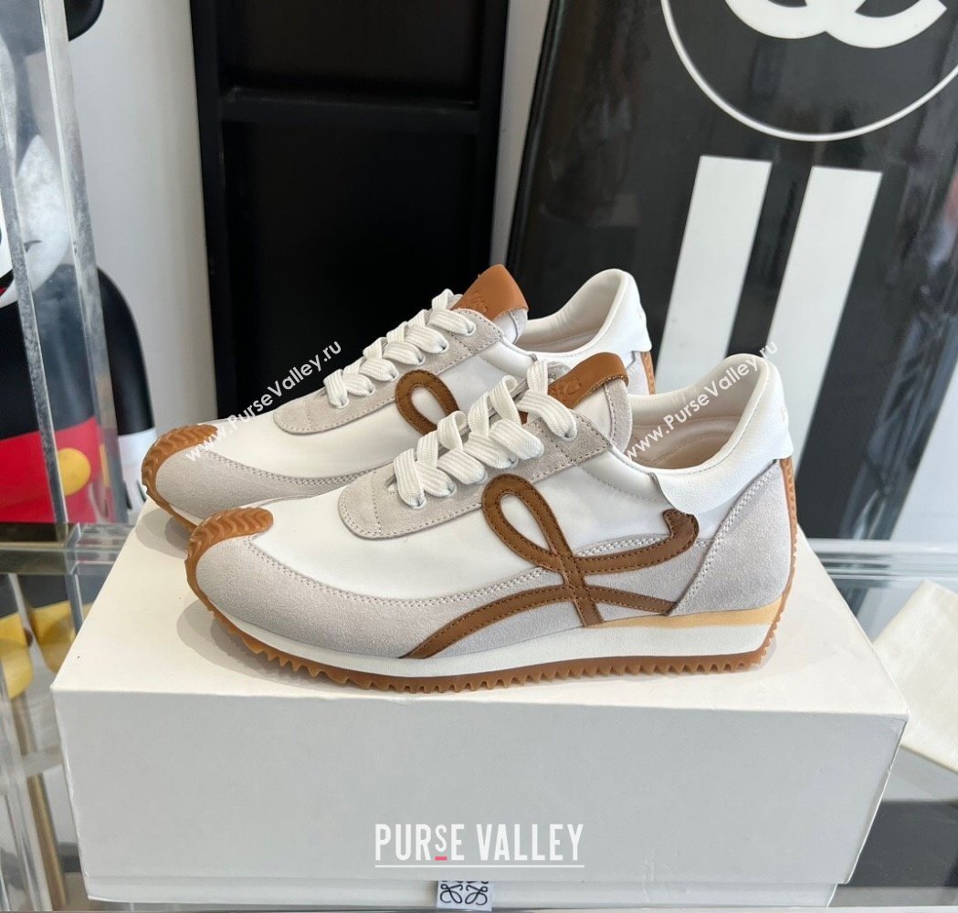 Loewe Flow Runner Sneakers in calfskin, nylon and suede White/Brown 2025 LW02215 (KL-250221055)