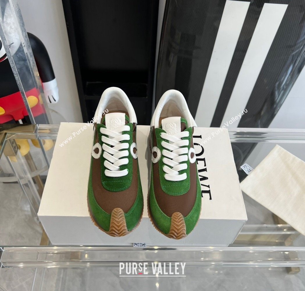 Loewe Flow Runner Sneakers in calfskin, nylon and suede Green/Brown 2025 LW02218 (KL-250221058)
