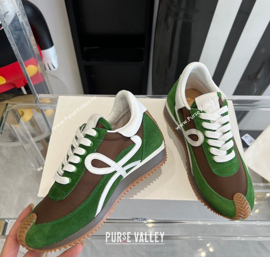 Loewe Flow Runner Sneakers in calfskin, nylon and suede Green/Brown 2025 LW02218 (KL-250221058)