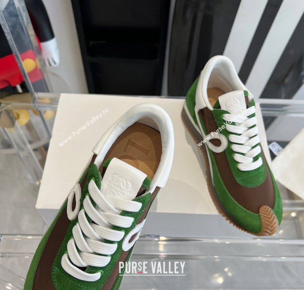 Loewe Flow Runner Sneakers in calfskin, nylon and suede Green/Brown 2025 LW02218 (KL-250221058)