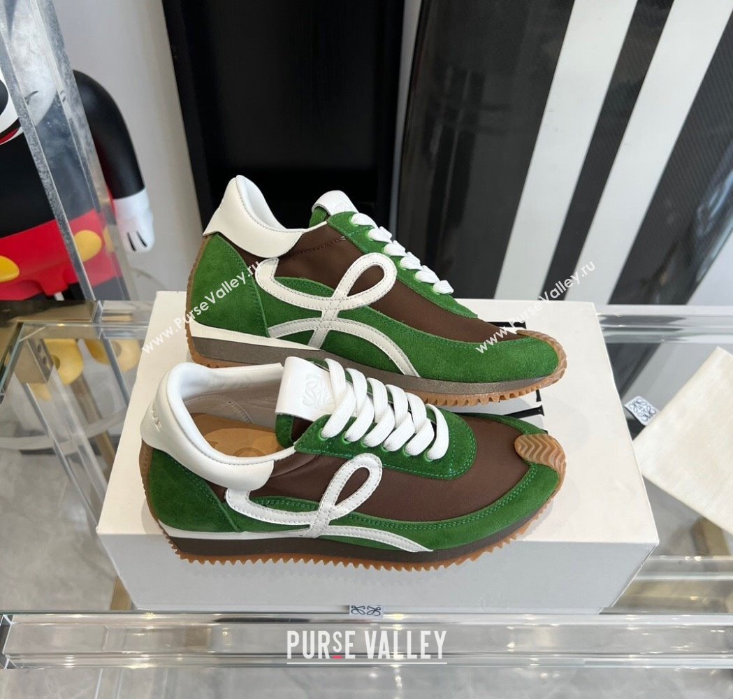 Loewe Flow Runner Sneakers in calfskin, nylon and suede Green/Brown 2025 LW02218 (KL-250221058)