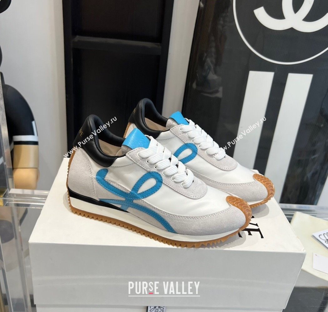 Loewe Flow Runner Sneakers in calfskin, nylon and suede White/Blue 2025 LW02232 (KL-250221072)