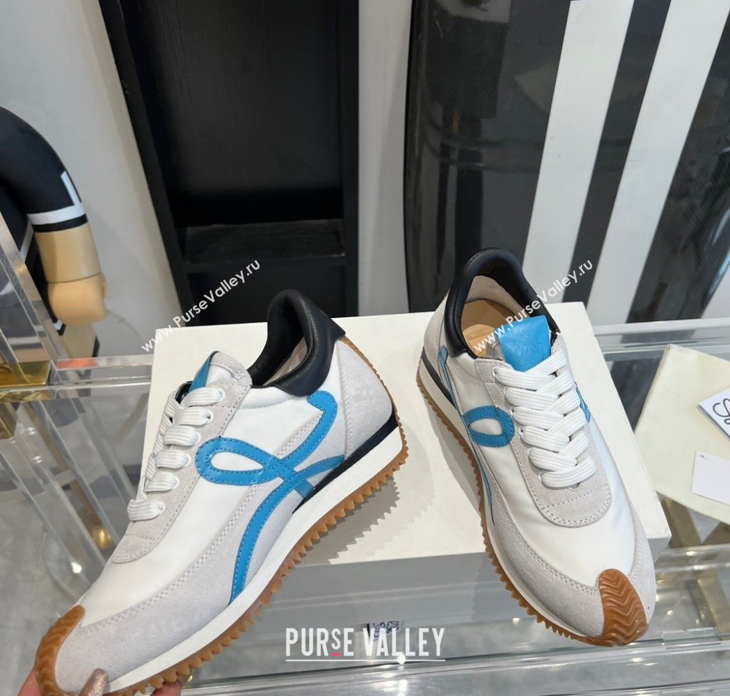 Loewe Flow Runner Sneakers in calfskin, nylon and suede White/Blue 2025 LW02232 (KL-250221072)