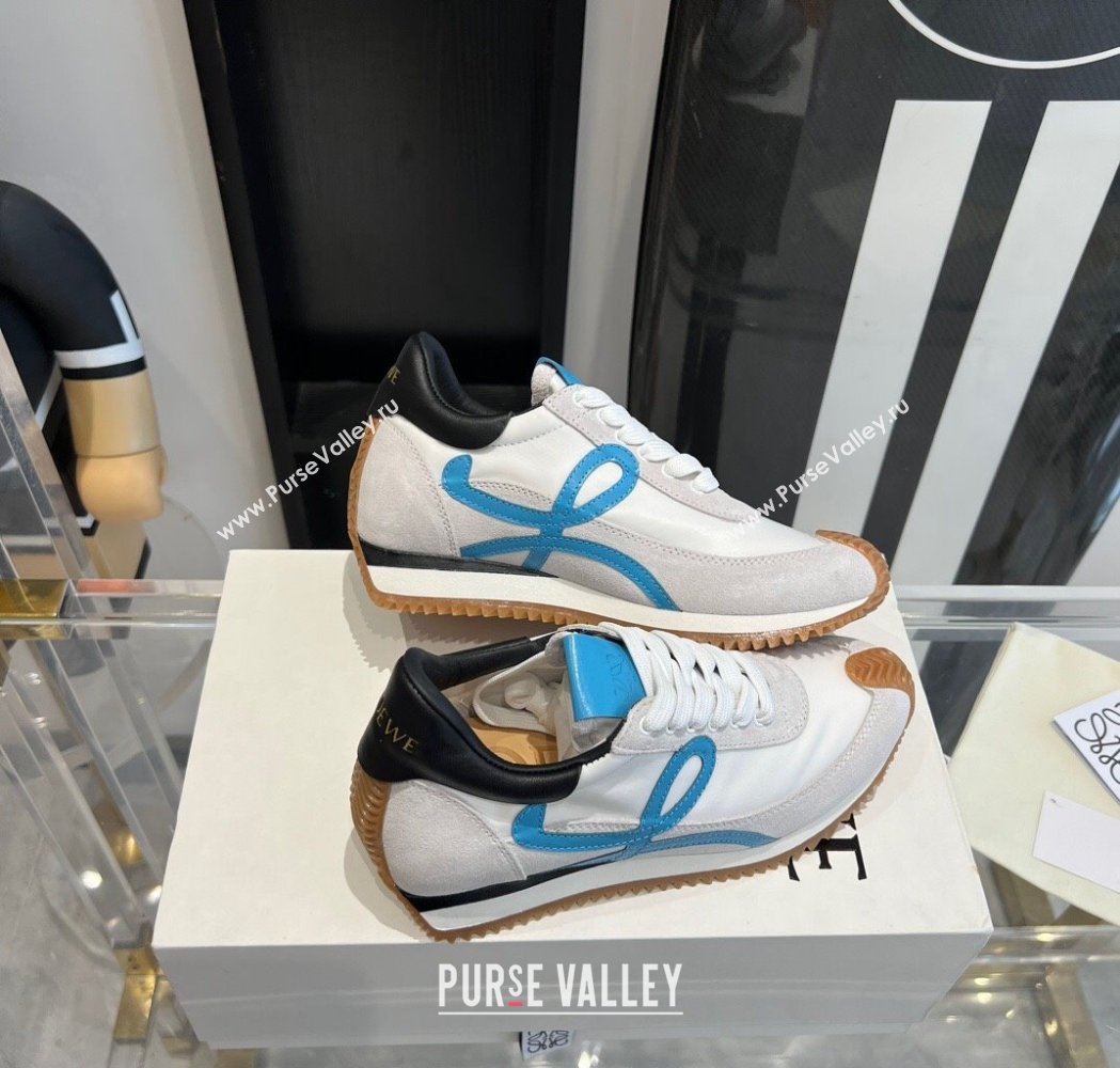 Loewe Flow Runner Sneakers in calfskin, nylon and suede White/Blue 2025 LW02232 (KL-250221072)