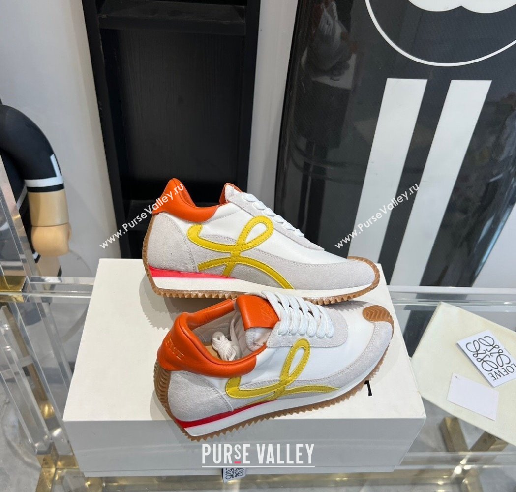 Loewe Flow Runner Sneakers in calfskin, nylon and suede White/Orange 2025 LW02234 (KL-250221074)