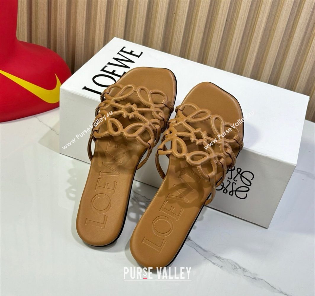 Loewe Petal Anagram flat slides sandal in soft calfskin Brown2 2025 (GDX-250605088)