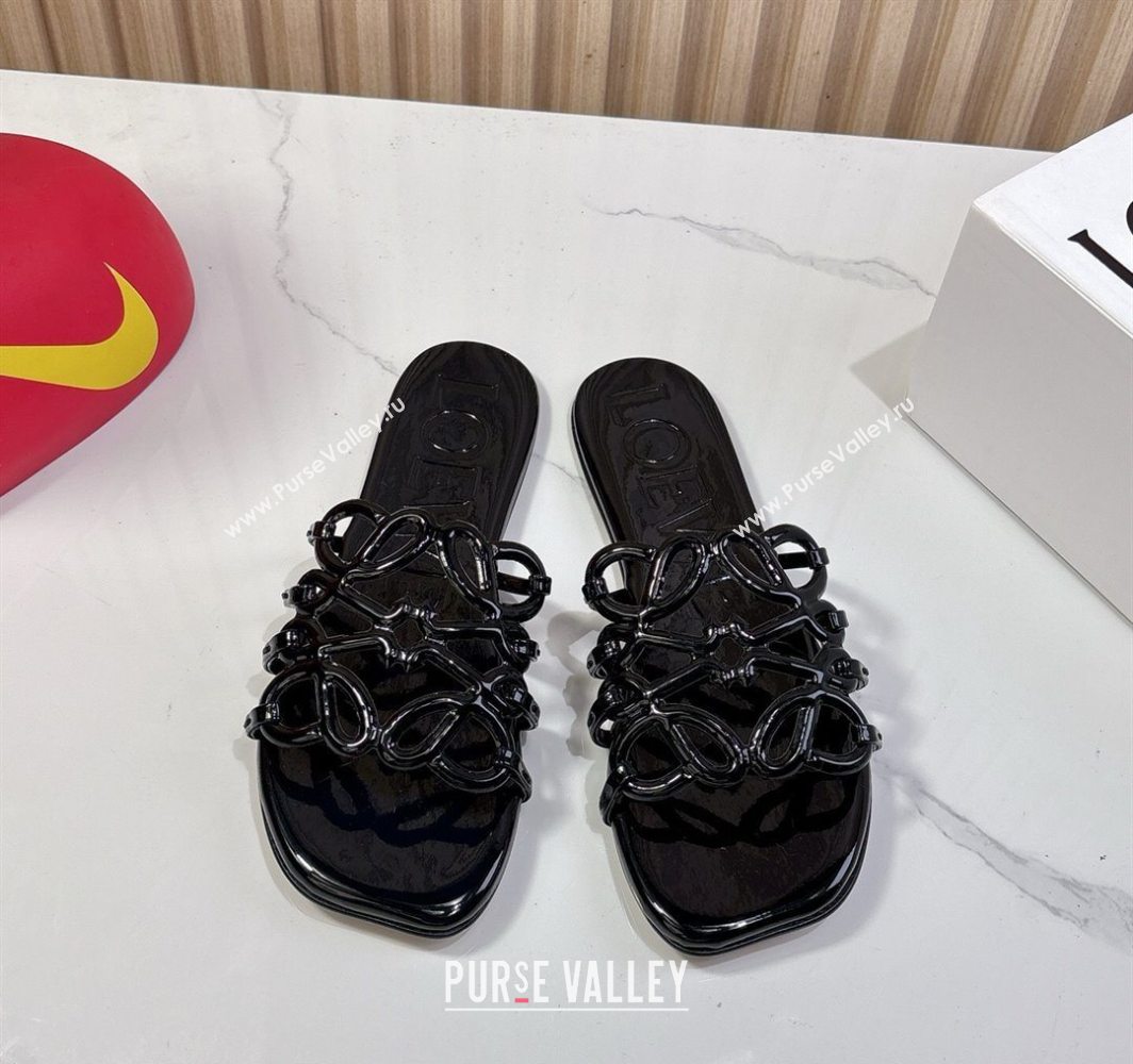 Loewe Petal Anagram flat slides sandal in patent calfskin Black 2025 (GDX-250605090)
