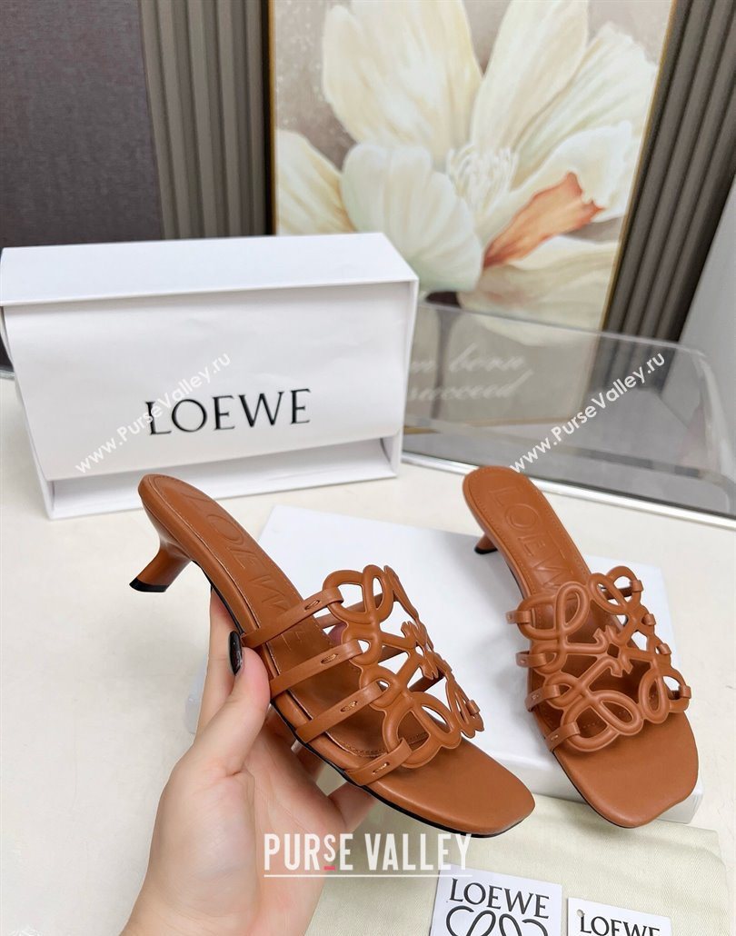 Loewe Petal Anagram heel slides sandal 4.5cm in soft calfskin Brown 2025 (MD-250605096)