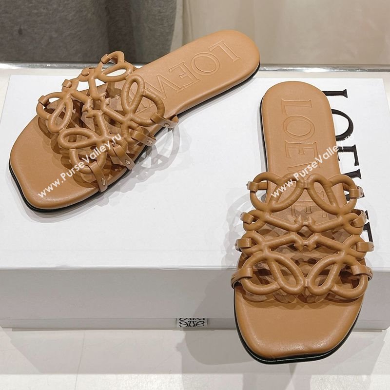 Loewe Petal Anagram flat slides sandal in soft calfskin Light Brown 2025 (MD-250605094)