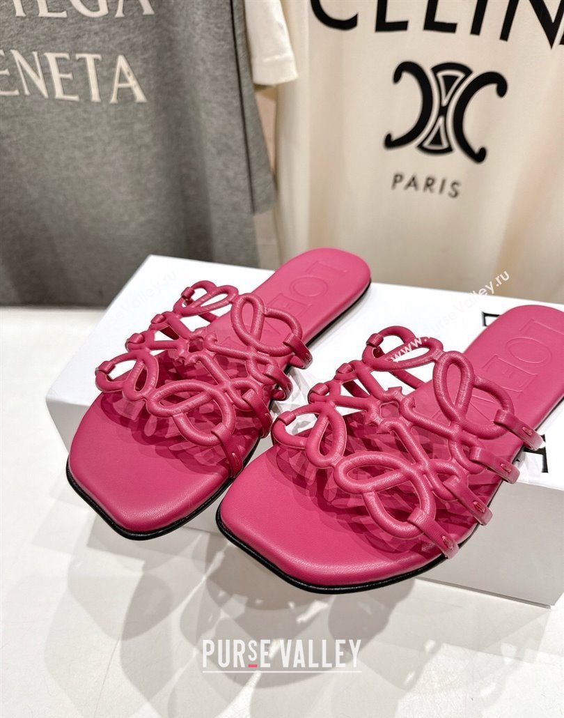 Loewe Petal Anagram flat slides sandal in soft calfskin Fuchsia Pink 2025 (MD-250605092)