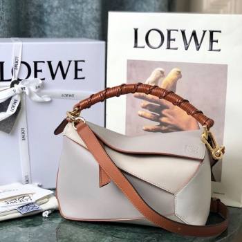 Loewe Small Puzzle bag in nappa calfskin leather with woven handle Grey/White 2025 0925 (YS-250925020)