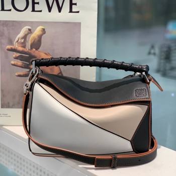 Loewe Small Puzzle bag in nappa calfskin leather with woven handle Black/White 2025 0925 (YS-250925021)