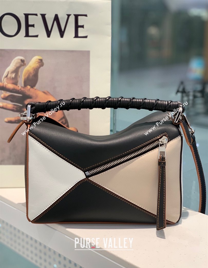Loewe Small Puzzle bag in nappa calfskin leather with woven handle Black/White 2025 0925 (YS-250925021)