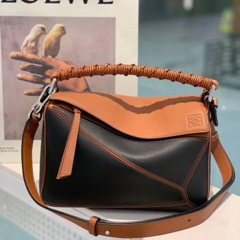 Loewe Small Puzzle bag in nappa calfskin leather with woven handle Black/Brown 2025 0925 (YS-250925022)