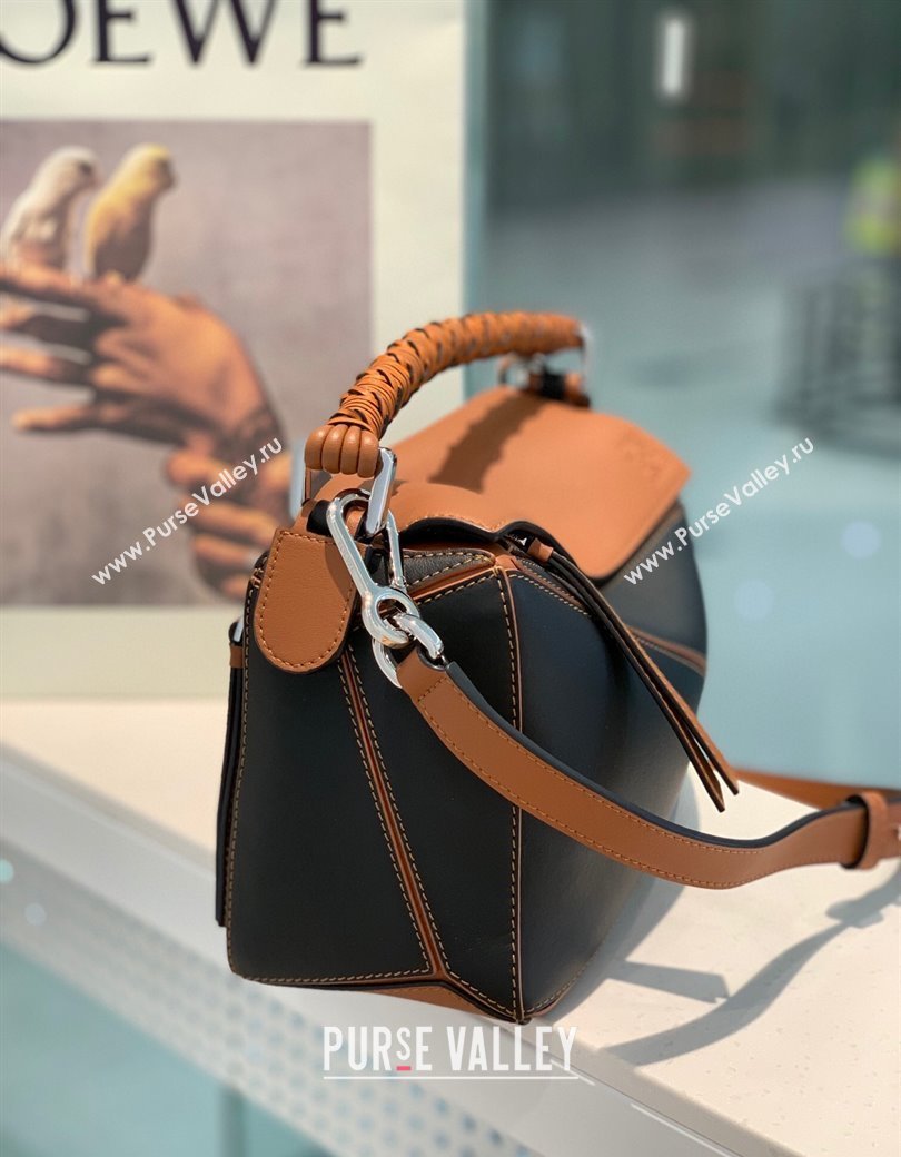 Loewe Small Puzzle bag in nappa calfskin leather with woven handle Black/Brown 2025 0925 (YS-250925022)