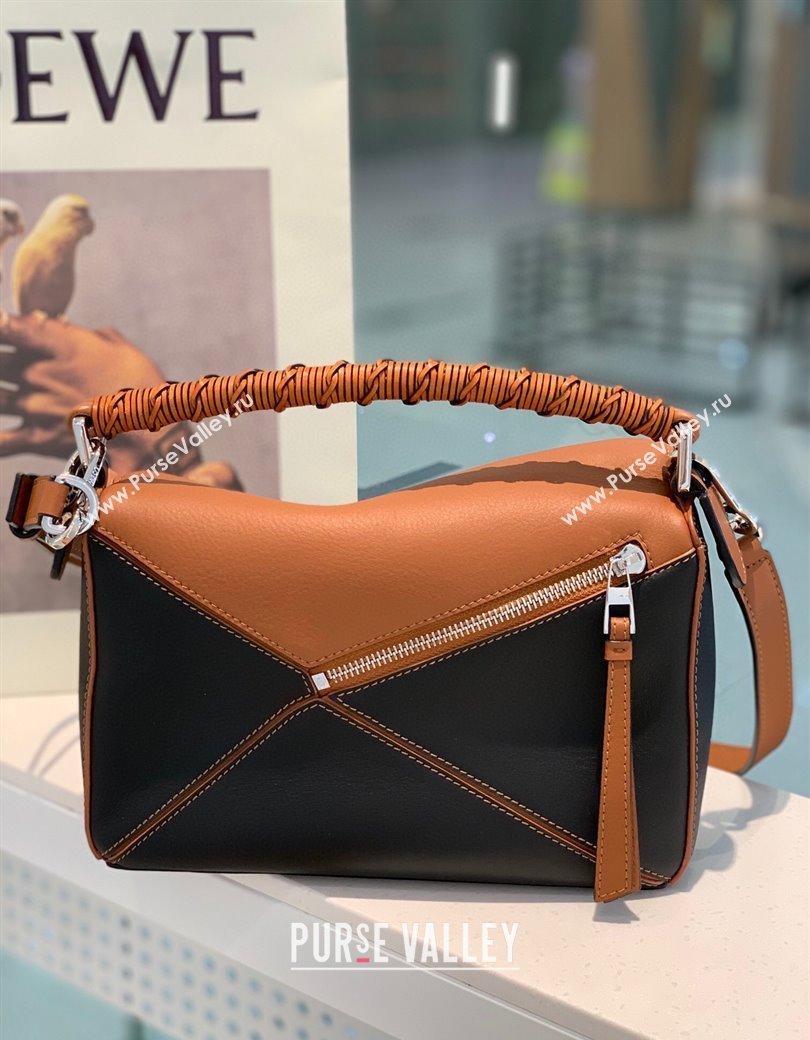 Loewe Small Puzzle bag in nappa calfskin leather with woven handle Black/Brown 2025 0925 (YS-250925022)