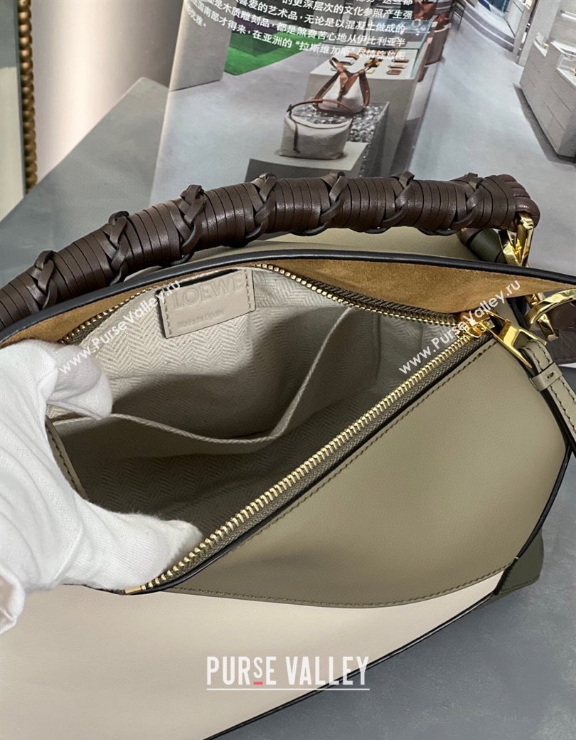 Loewe Small Puzzle bag in nappa calfskin leather with woven handle Green/White 2025 0925 (YS-250925019)