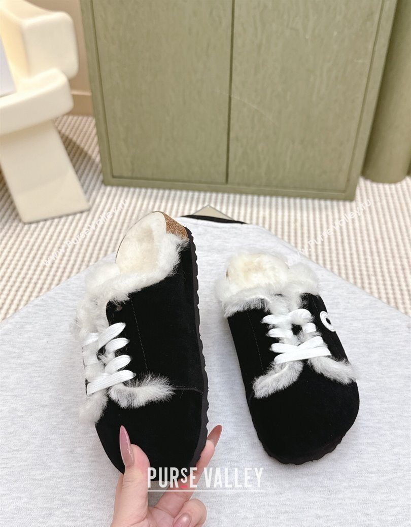 Loewe x Birkenstock Laced-up Mules in Suede and Wool Black 2025 LW103005 (HQG-251030055)