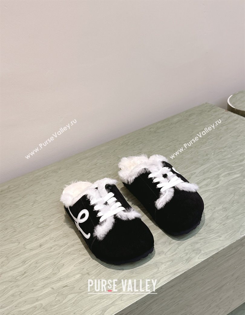 Loewe x Birkenstock Laced-up Mules in Suede and Wool Black 2025 LW103005 (HQG-251030055)