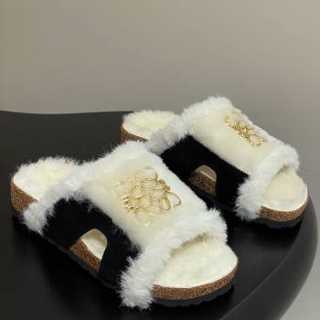 Loewe Flat Slides Sandal in Suede and Wool Black 2025 LW103003 (MD-251030046)