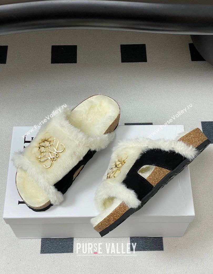 Loewe Flat Slides Sandal in Suede and Wool Black 2025 LW103003 (MD-251030046)