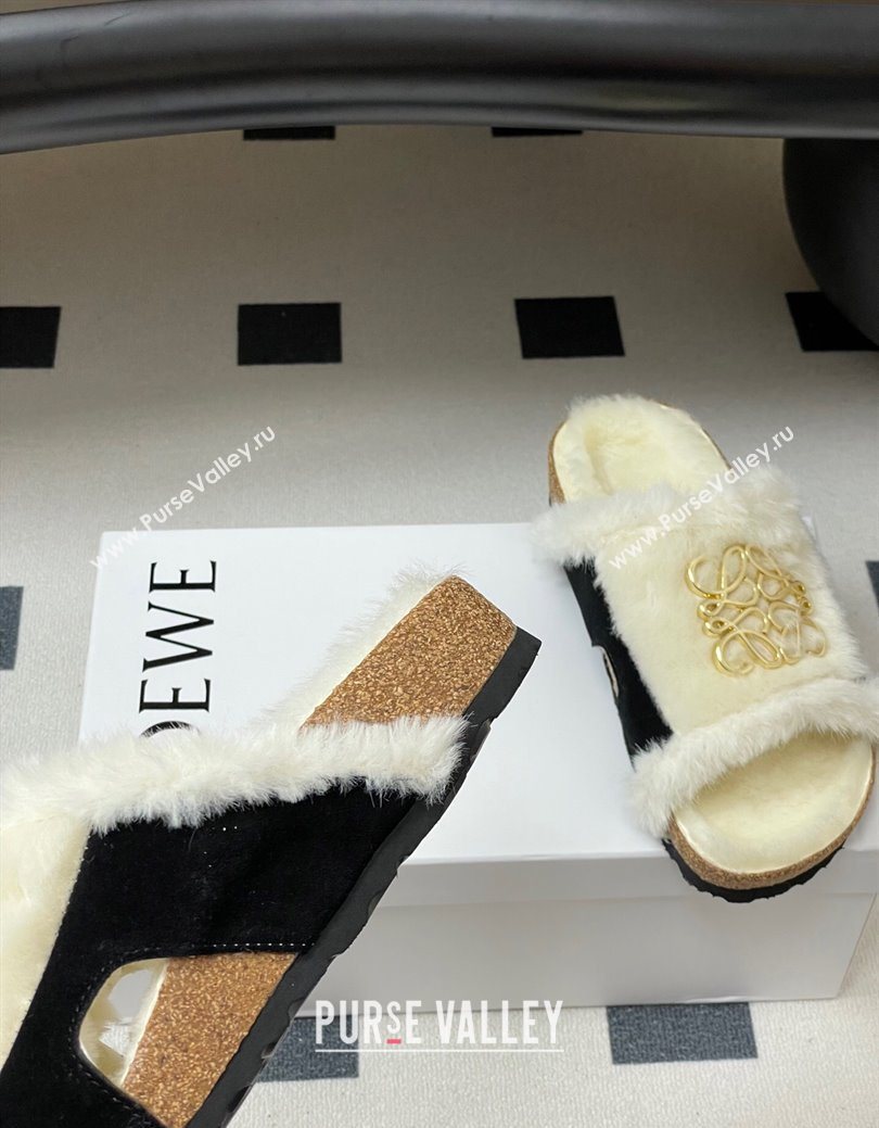 Loewe Flat Slides Sandal in Suede and Wool Black 2025 LW103003 (MD-251030046)