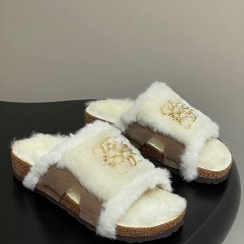 Loewe Flat Slides Sandal in Suede and Wool Beige 2025 LW103003 (MD-251030047)