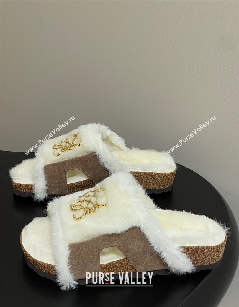 Loewe Flat Slides Sandal in Suede and Wool Beige 2025 LW103003 (MD-251030047)
