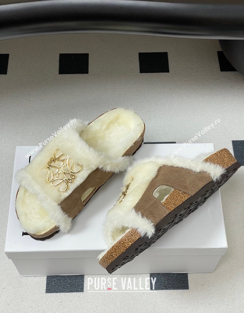 Loewe Flat Slides Sandal in Suede and Wool Beige 2025 LW103003 (MD-251030047)