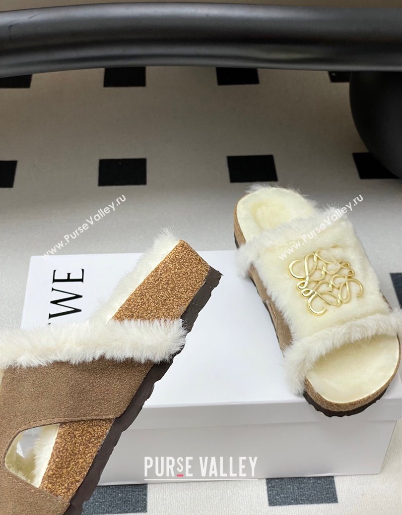 Loewe Flat Slides Sandal in Suede and Wool Beige 2025 LW103003 (MD-251030047)