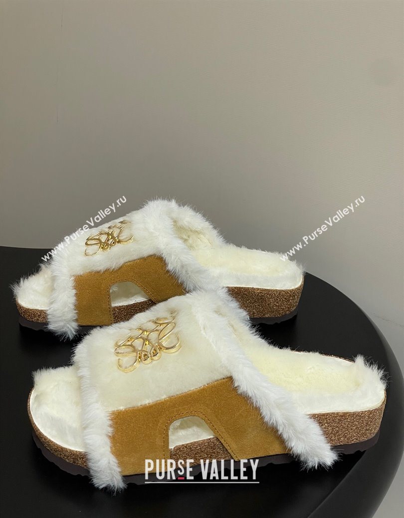 Loewe Flat Slides Sandal in Suede and Wool Brown 2025 LW103003 (MD-251030049)