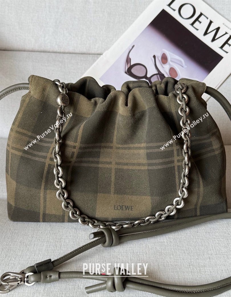 Loewe Medium Flamenco purse in tartan suede Khaki/Green 2026 1774 (nana-260121063)