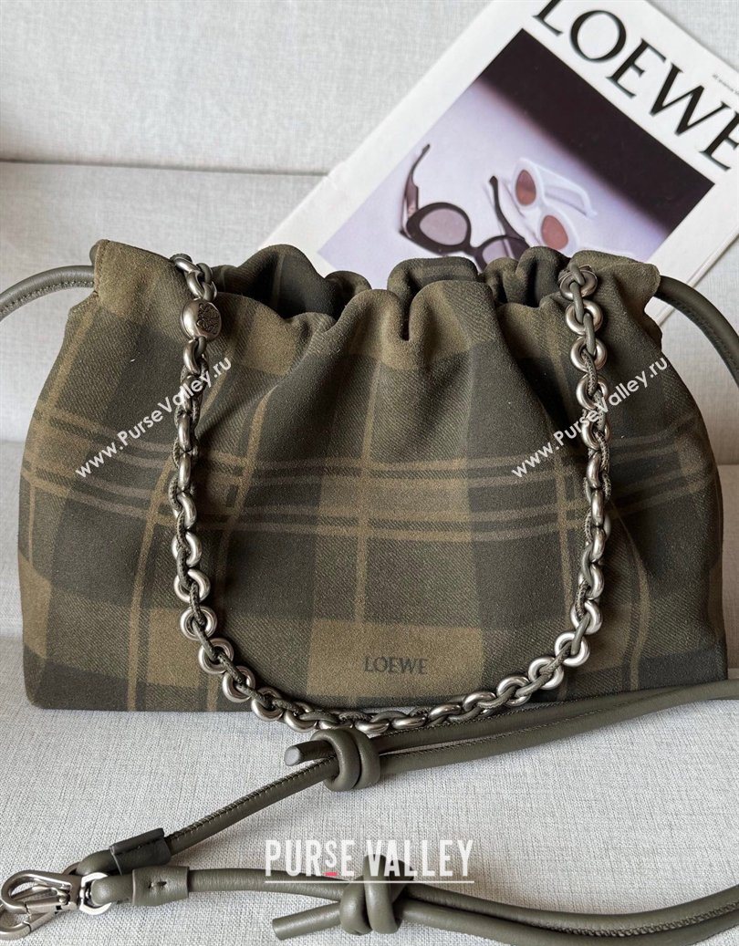 Loewe Medium Flamenco purse in tartan suede Khaki/Green 2026 1774 (nana-260121063)