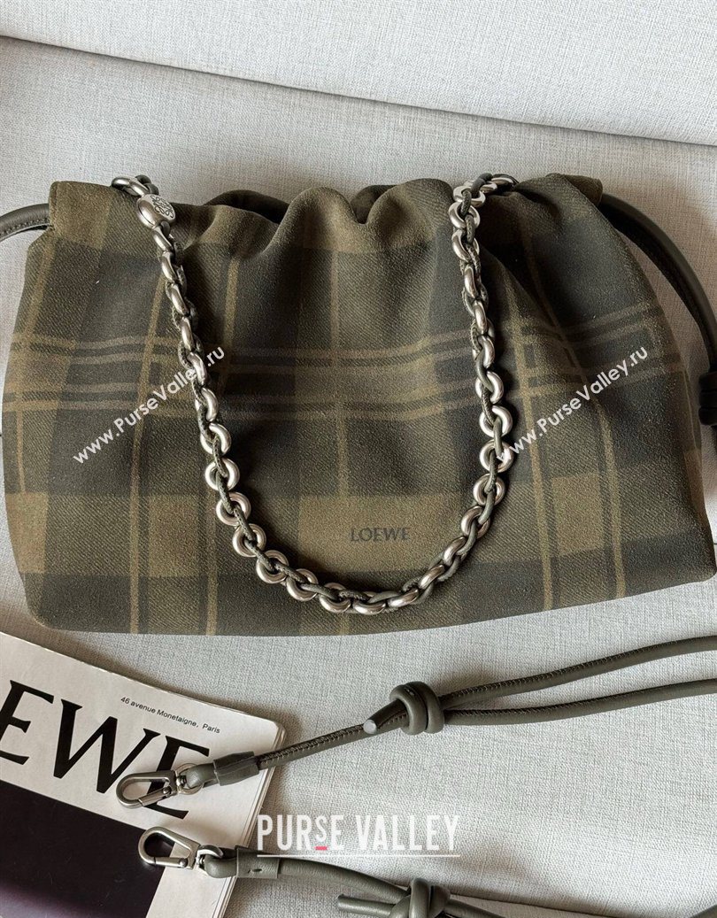 Loewe Medium Flamenco purse in tartan suede Khaki/Green 2026 1774 (nana-260121063)