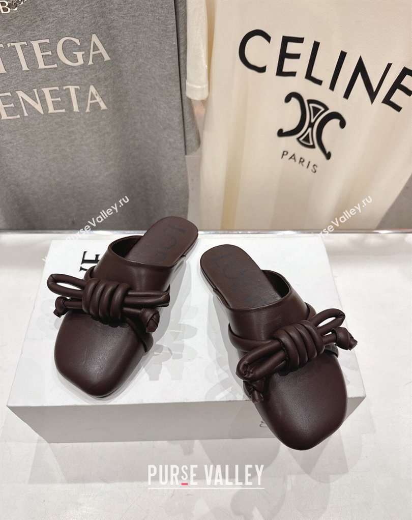 Loewe Flamenco Knot Flat Mules in Lambskin Leather Dark Chestnut Brown 2026 (MD-260226005)